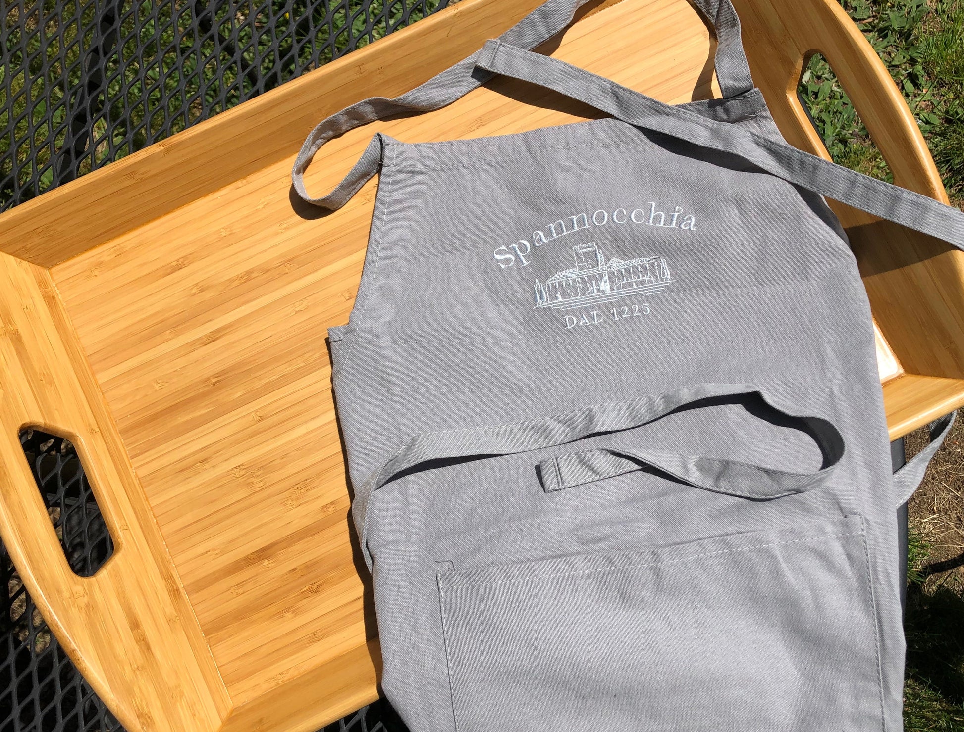 Gray apron on tray