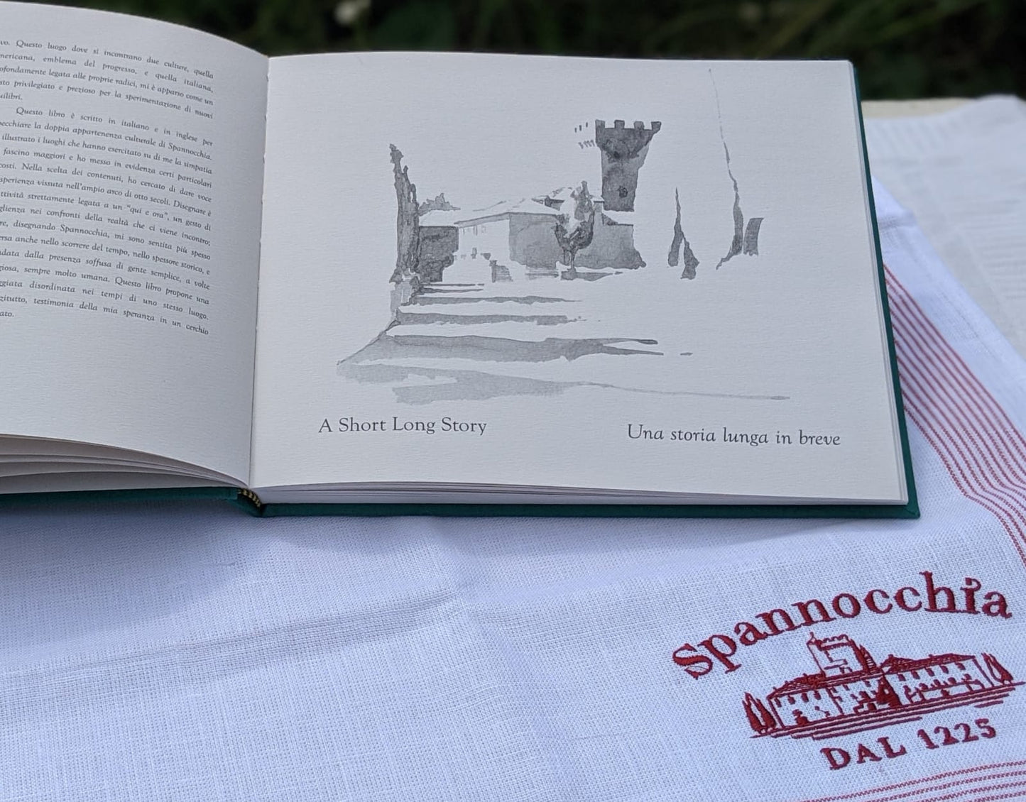 Open book showing a watercolor illustration and the words "A Short Long Story / Una storia lunga in breve"