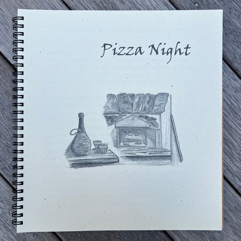 Pizza Night page, with pencil drawing of the pizza oven.