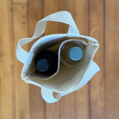 Photo of the inside of the tote bag from the top, filled with two wine bottles to demonstrate how the canvas divider works to protect them.