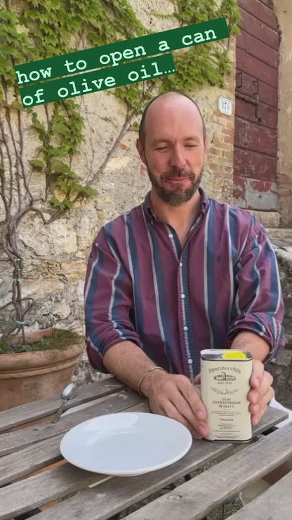 A video of our Farm Education Director, Niccolò, showing us how to open a can of olive oil, and how to properly taste it! (Sound/captions not required to understand the lesson!)