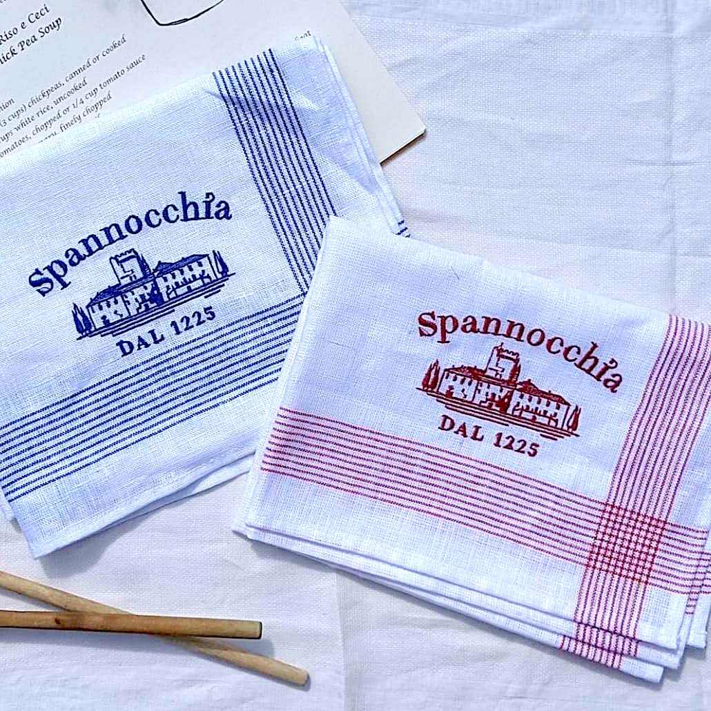 2 linen dish towels with the Spannocchia logo